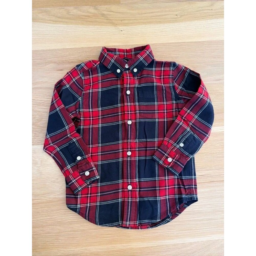 Janie & Jack boys navy red plaid button down shirt size 3 3T
